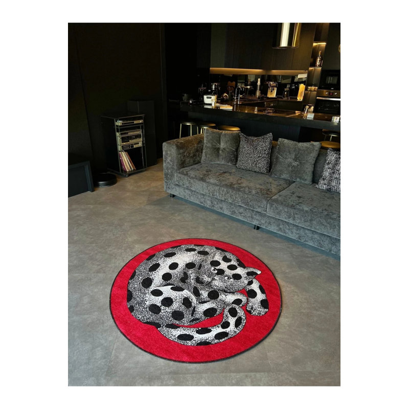 Cat Themed Red Black And White Carpet, Round 4'