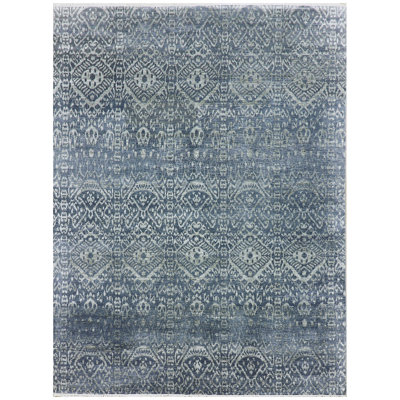 Tapis gris clair / noir / bleu noué à la main de haute qualité