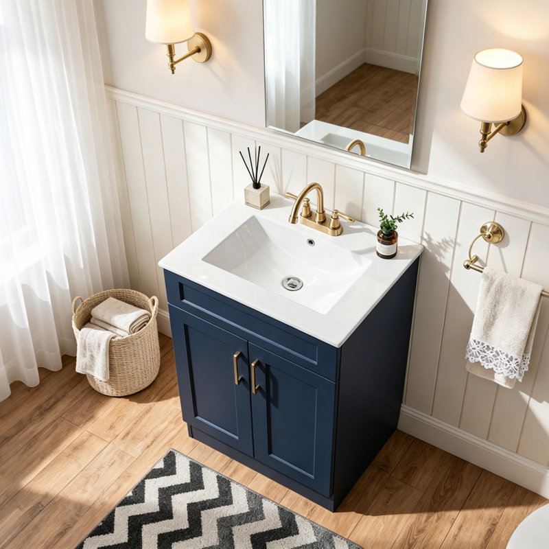 Peura 24" Single Bathroom Vanity with Integrated Ceramic Sink, Modern Freestanding Bath Cabinet with Soft Close Doors & Storage Shelf