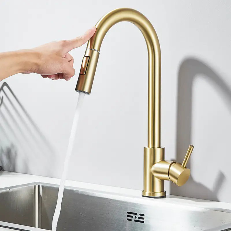 Brushed Gold Touch sensor Kitchen Sink Faucet Pull Down Sprayer Single Handle Mixer Tap, Brushed Gold