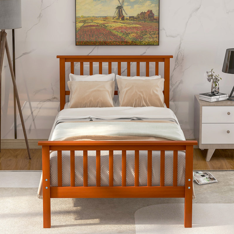 Elicio Twin Slat Bed Frame, Platform Bed with Headboard and Footboard, Oak