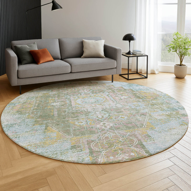 Premium Machine Washable Mayfield AMF2140 global Rug, Green, 8' Round