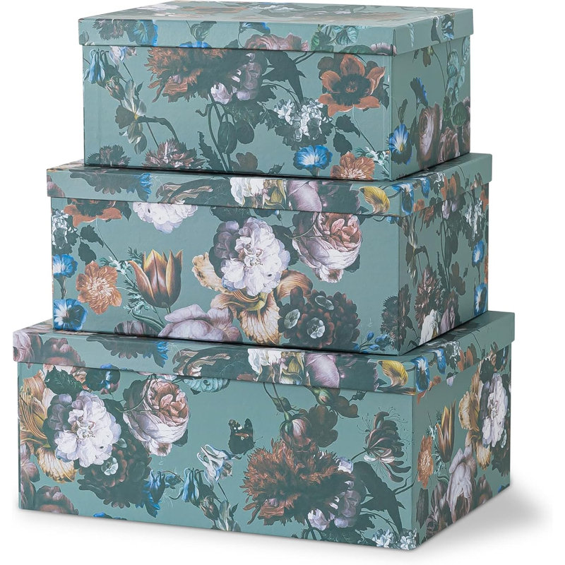 Decorative Storage Cardboard Boxes With Lids | Elegance In Bloom - Set Of 3 | Floral Moody Paperboard Nesting Boxes