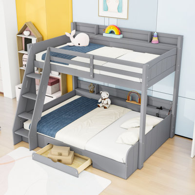 Twin Over Full Bunk Bed With Shelves, LED And Drawer