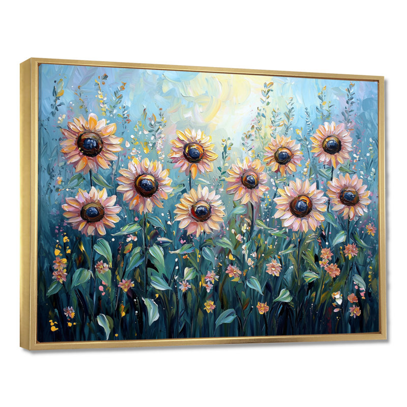 Dotha Spring Symphony of Blue Sunflowers I - Art mural de tournesols pour le salon, H 34 po x l 44 po, Doré
