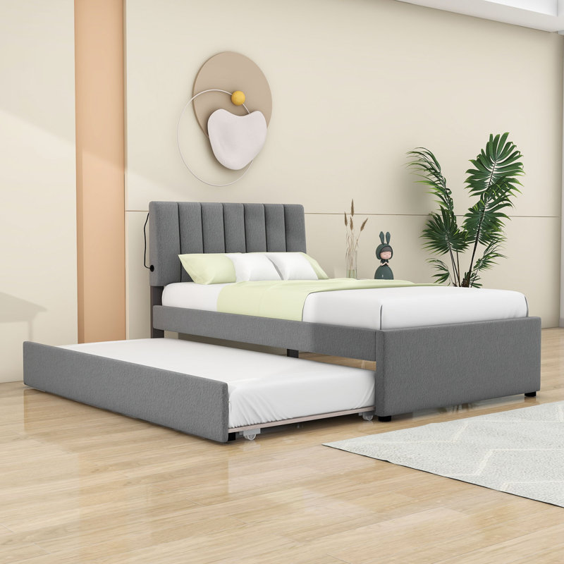 Lit plateforme tapissier simple avec lumières DEL et lit gigogne Radena, gris