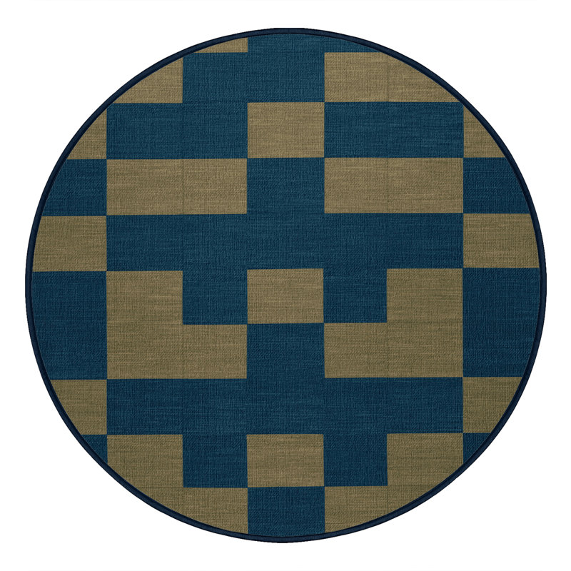 Machine Washable Checkered Blue Area Rug, Round 7'