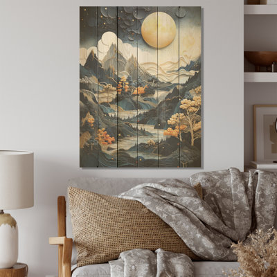 Mountain Stormy Moon - Mountains Wood Art On Natural Pine Wood