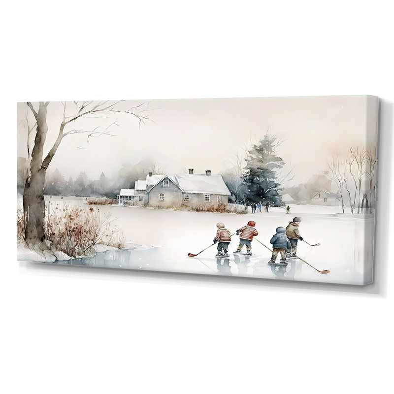 Enfants jouant au hockey en hiver II, Toile tendue, H 28 po x l 60 po x P 1,5 po