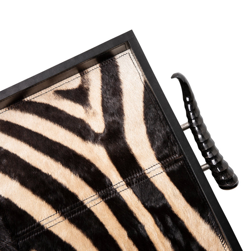 Leather Rectangle Tray W/ Zebra Inlay - Springbok Horn Handles
