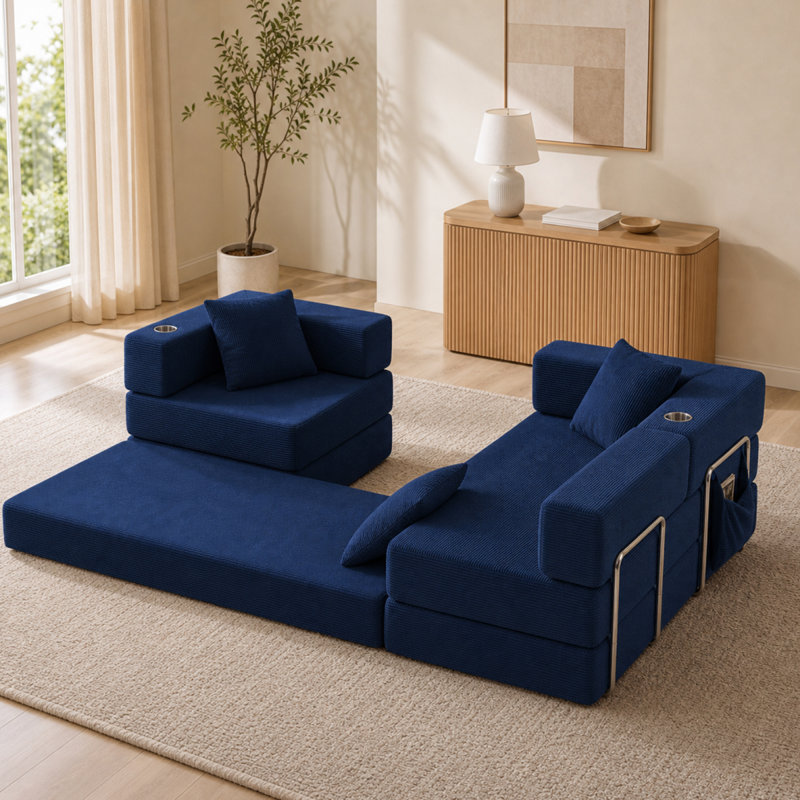 Canapé d'angle pliable avec rangement, 274 cm (108 pouces) en velours côtelé, canapé portable moderne, Bleu