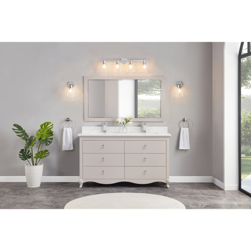 Meuble-lavabo double 60 po en bois massif avec plateau en marbre d'ingénierie 1 po, Dreamy White