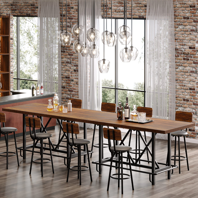 Counter Height Bar Table, 62.99" Long Pub Bar Table With Metal Footrest For Dining Kitchen Breakfast, Brown