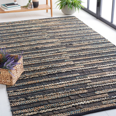Avonte Natural Fiber Flat Weave Jute/Cotton Striped Rug in Black/Natural