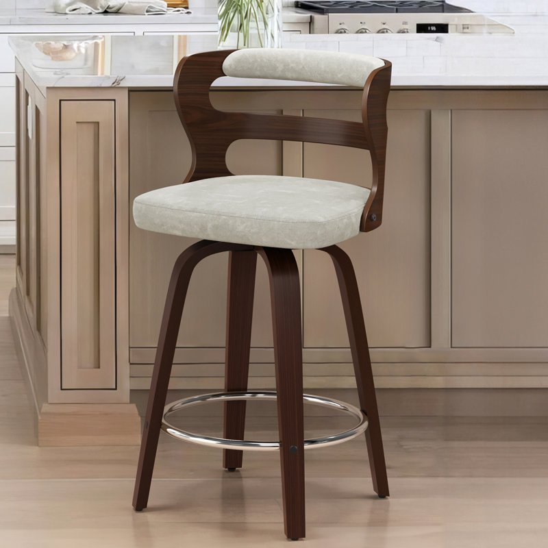 Liahna Swivel Upholstered Bar Stool with Wood Frame, Beige/Black
