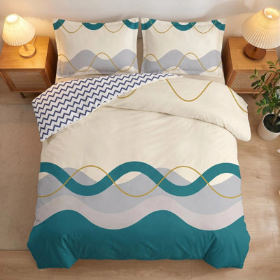 3 Piece Reversible Duvet Cover Set, Heavyweight High-GSM Microfiber Bedding with Zipper & 4 Corner Ties, US Designer Modern Teal Wave & Chevron Geometric Pattern (Queen/King/Cal King)