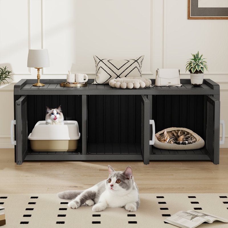 Hidden Cat Litter Box Enclosure Furniture with 3 Doors & Multiple Windows, Waterproof PP Material