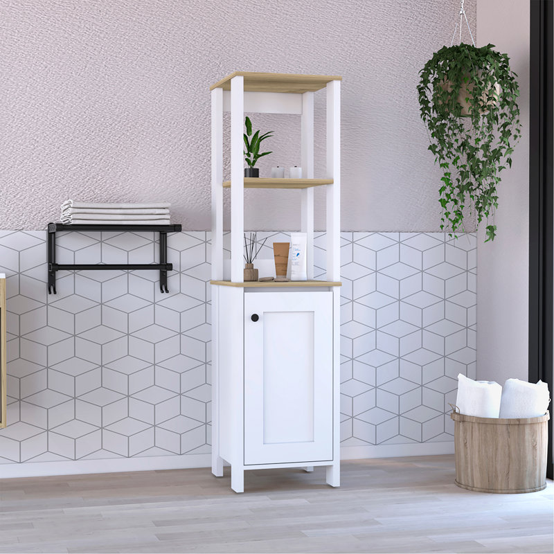 Armoire à linge, deux tablettes intérieures, deux tablettes ouvertes, une porte, Blanc / brun clair