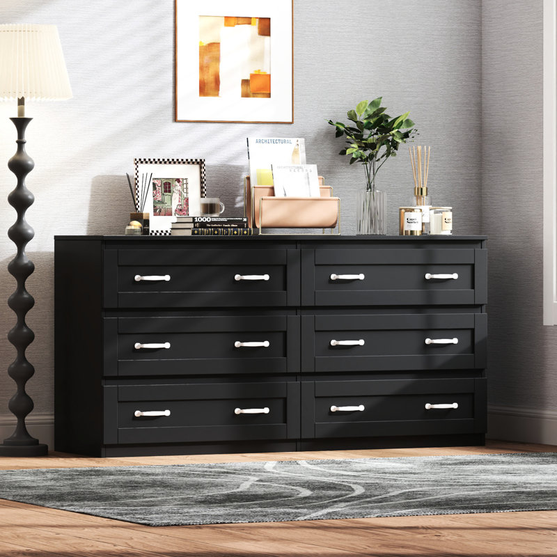 Commode moderne en bois avec 6 tiroirs - noir pour le rangement dans le salon, Noir