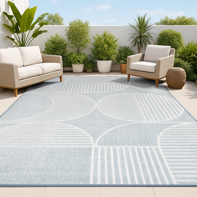 Tapis d'intérieur / extérieur à rayures géométriques bleu clair / crème Anaelisa, Rectangle 3 pi 11 po x 6 pi