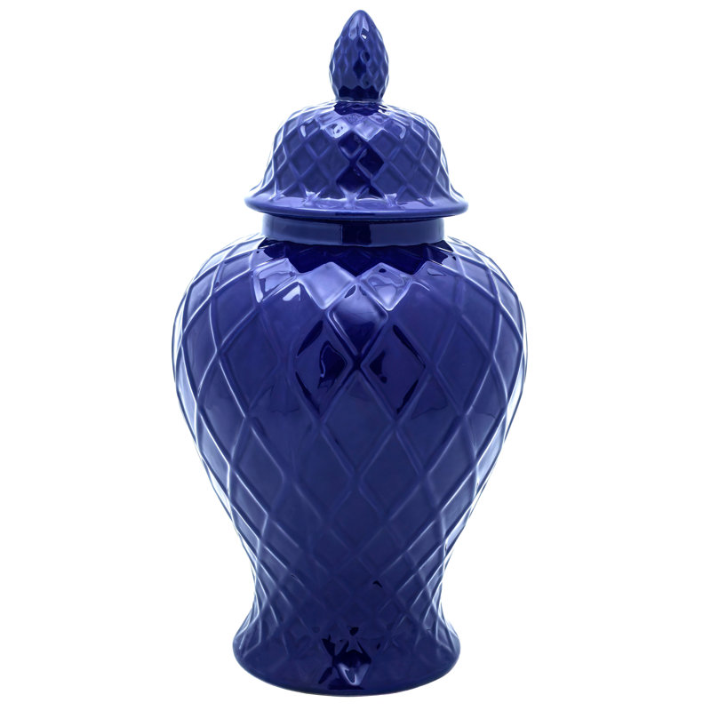 19.5" Diamond Pattern Antique White Temple Jar, Blue