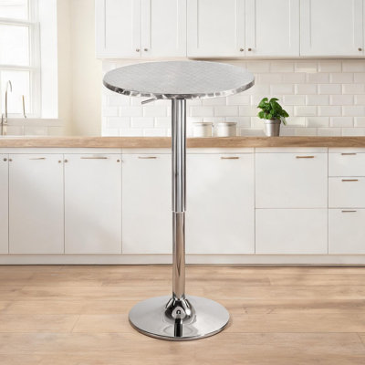 Table de bar ronde réglable avec levage hydraulique, plateau en aluminium argenté, 25,5 po, 2 sièges