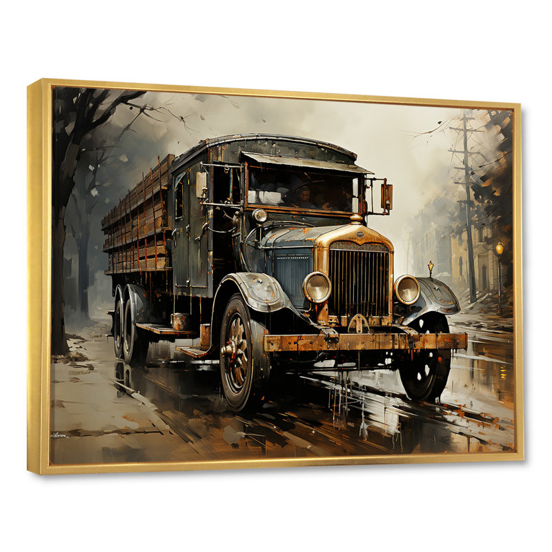Camion de livraison II brun des années 1930 sur toile, Cadre flottant doré, H 12 po x l 20 po x P 1 po