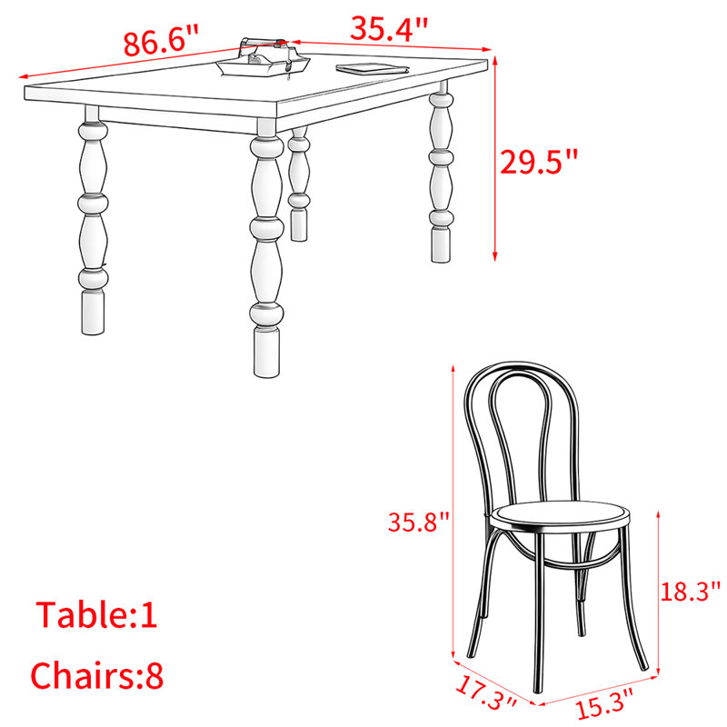 Ensemble de table de salle à manger en bois massif de style européen, H 29,5 po x L 86,6 po x l 35,4 po