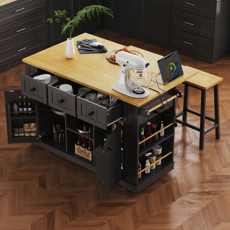 Îlot de cuisine avec tabourets de bar et prises de rangement, H 30,4 po x l 50 po x P 17,7 po, Noir