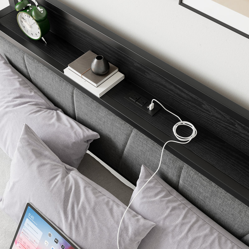 Structure de lit grand format avec tête de lit, USB et station de charge intégrée, bois massif et métal, aucun sommier requis