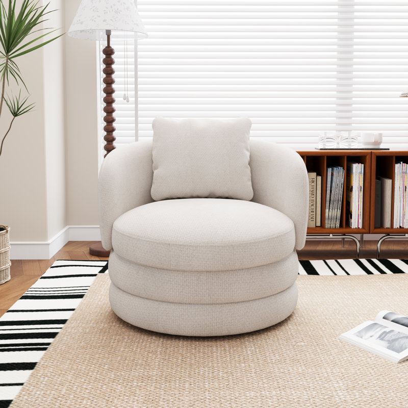 30"w Chenille  Swivel Barrel Accent Chair With Pillow, Beige