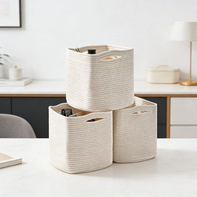 Woven Cotton Rope Storage Bins, 13 Inch Cube Organizer Baskets For Shelves, Closet, Toys, Books And Home Decor, Foldable And Washable (Pack Of 3)