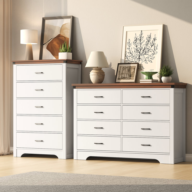 8-Drawer Dresser 52"W Double Dresser With Walnut Brown Top Panel