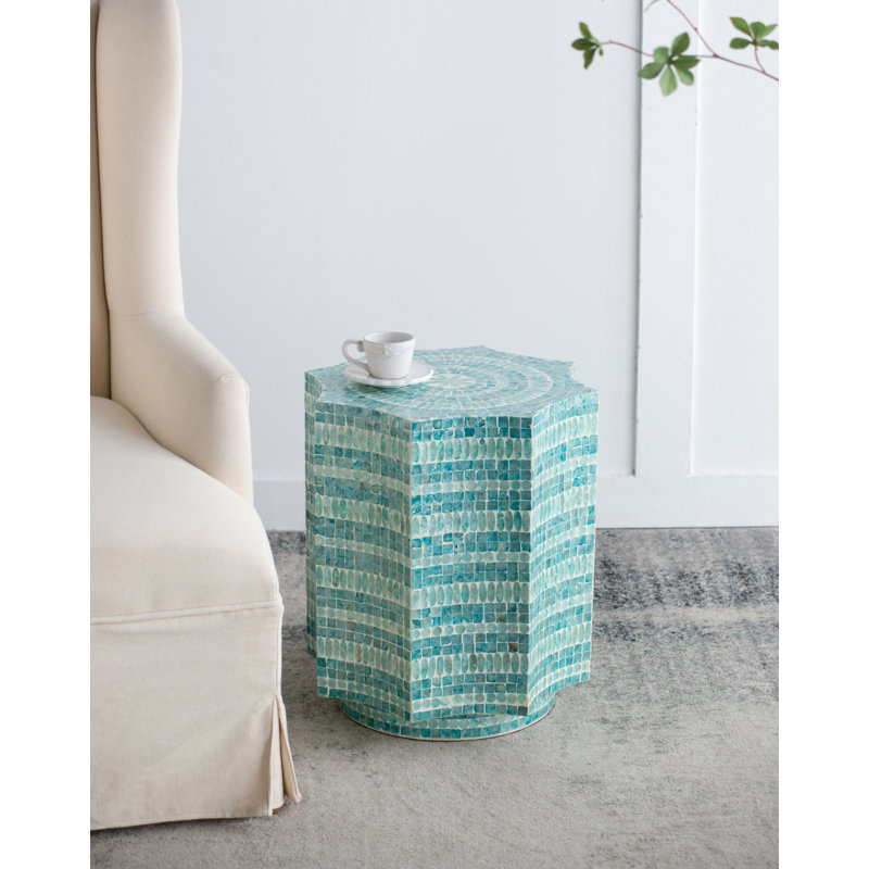 Handcrafted Capiz-Inlay Pedestal Stool with Starburst Motif and Floral Textured Base – Versatile Accent Furniture Piece