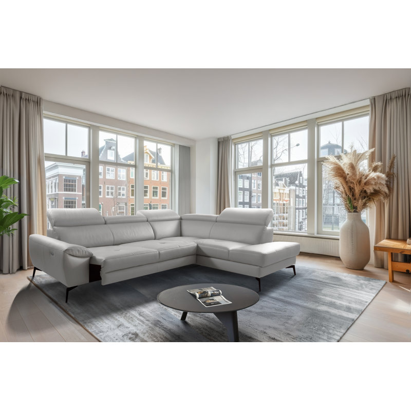 Alvoro Genuine Leather Corner Sofa with Electric Seat Extension & Adjustable Headrests, Right Hand Facing, Grey