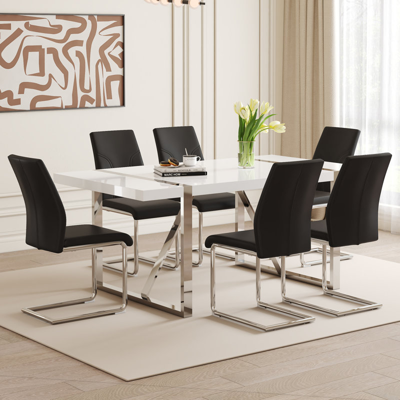  Ensemble de table de salle à manger 7 pièces en bois aggloméré peint avec chaises rembourrées en polyuréthane et pieds plaqués en fer, noir