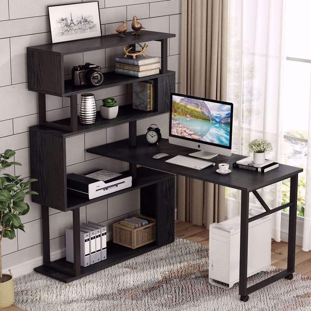 Reversible L-Shaped Desk, 67 Large Computer Writing Desk with Hutch