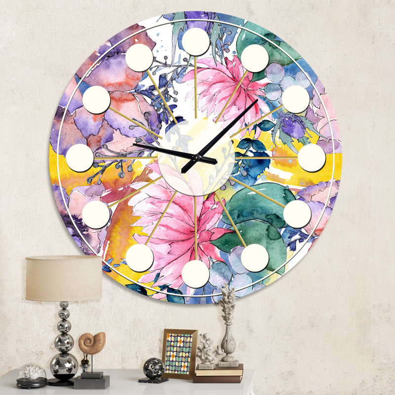 Retro Floral Botanical V - horloge murale moderne Mid-Century, Moyenne