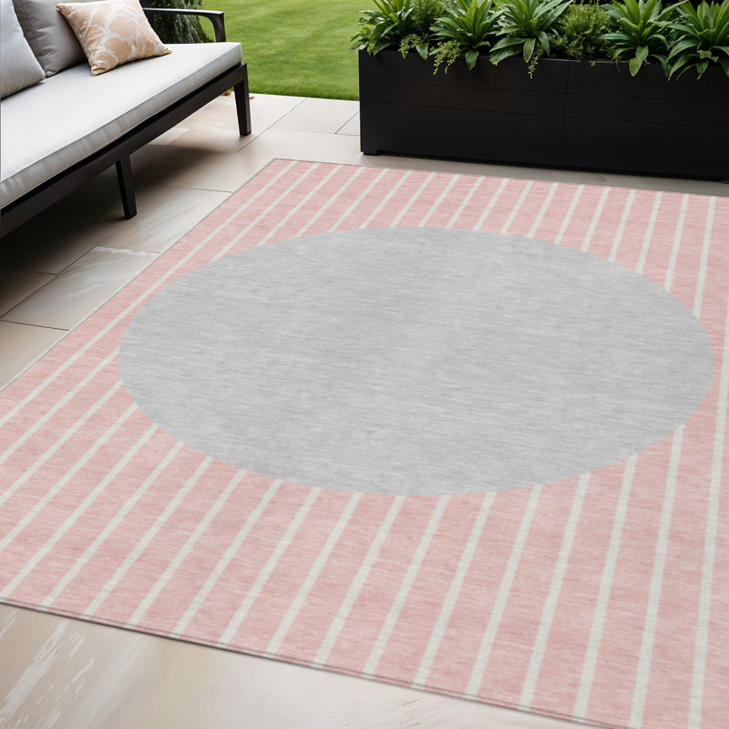Tapis intérieur lavable rayé rose et argent 5 pi x 8 pi