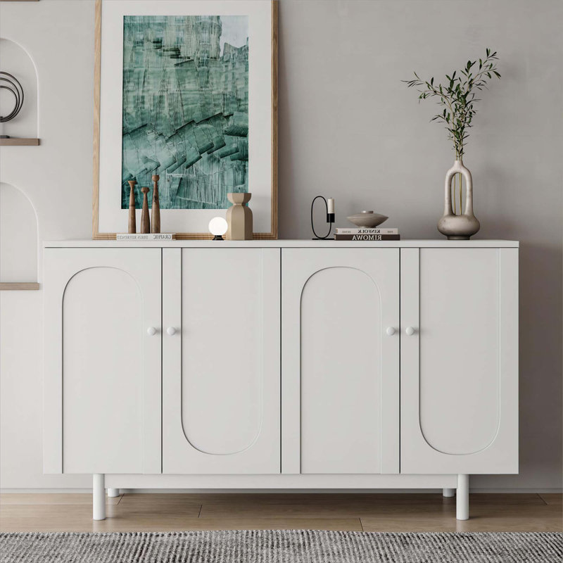 Stylish And Functional 4-Door Intaglio Storage Cabinet With Pine Legs, White