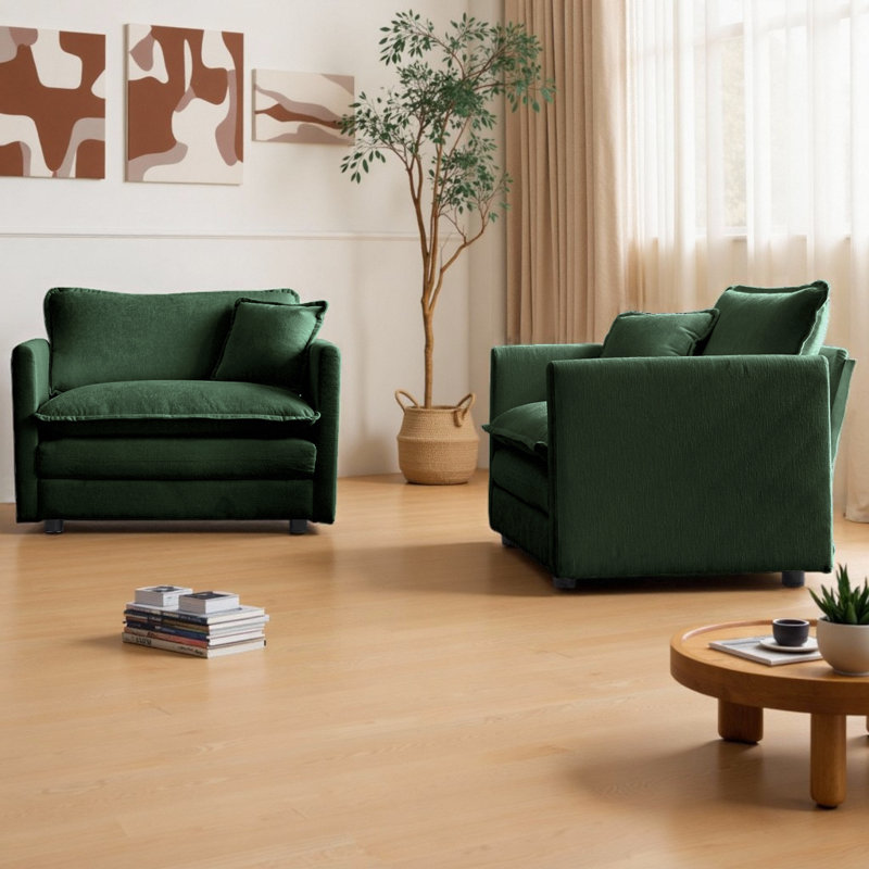 Ensemble de canapé simple avec 2 fauteuils rembourrés en chenille et coussins décoratifs confortables, Vert