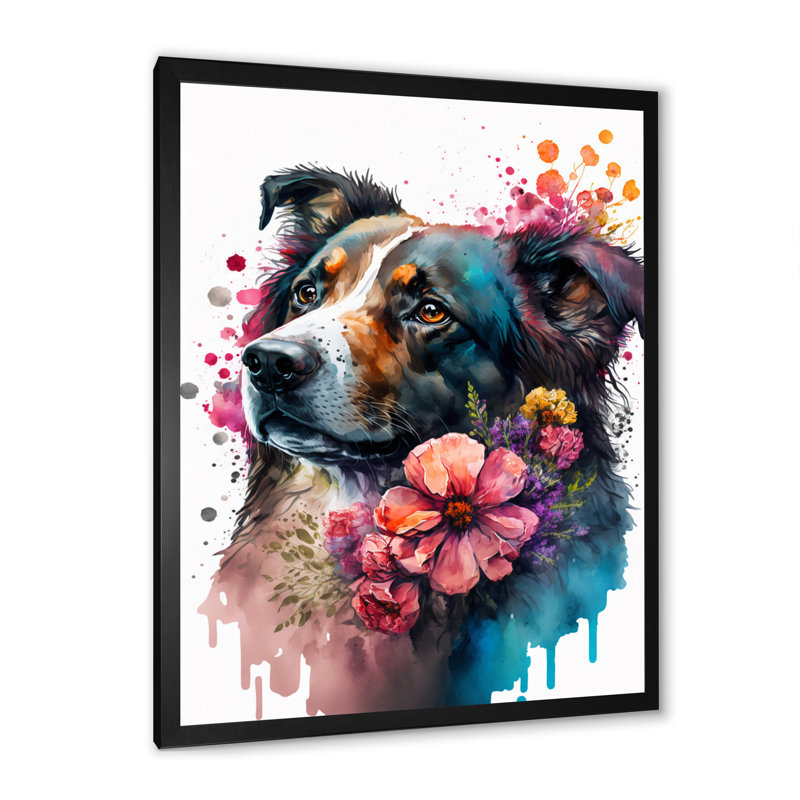 «Cute Dog Floral II», impression sur toile, Impression noire sur toile encadrée, H 32 po x l 16 po x P 1 po