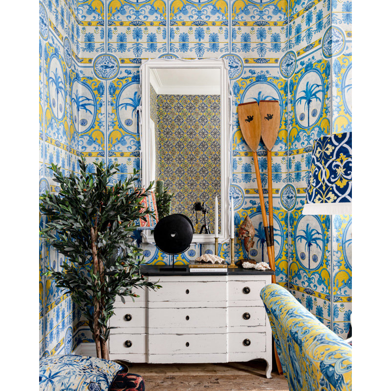 Sundance Villa Wallpaper Roll, Blue/Yellow/Taupe