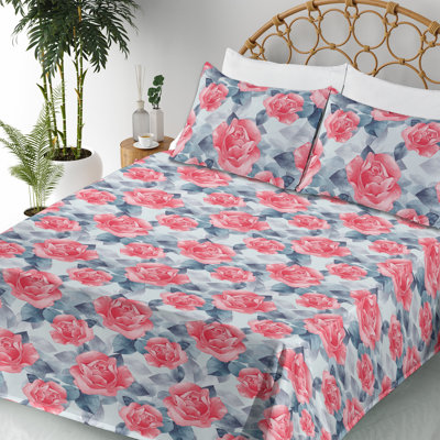 Ambesonne Flowers Boho Sheet Set Neutral Leafy Rose Art Slate Blue Dark Coral