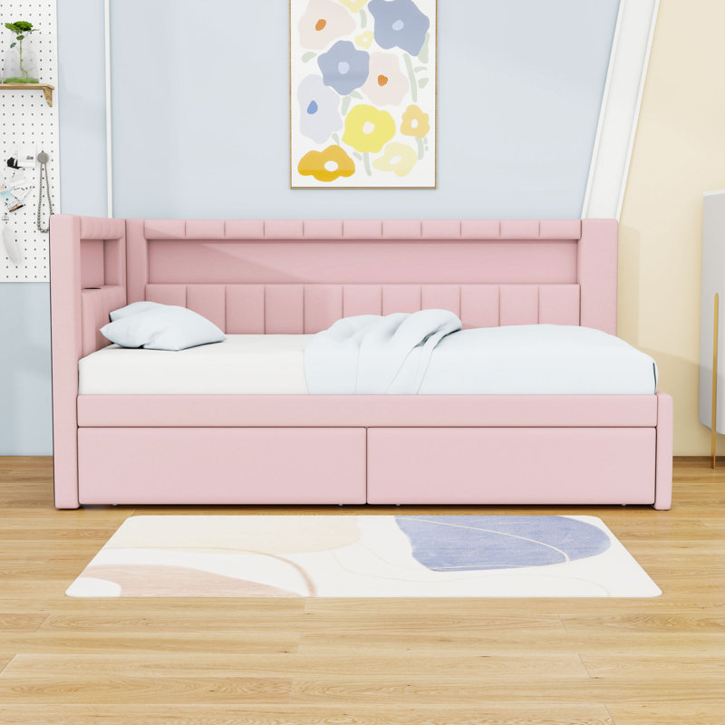 Twin Upholstered Daybed with USB Ports, LED Belt and 2 Drawers, Pink