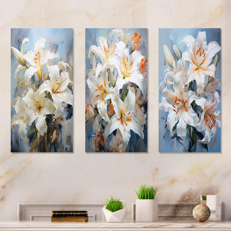 Beige And Yellow Pure Lily Beauty Whispers - Lilies Metal Wall Art Set Of 3, 28" H x 36" W