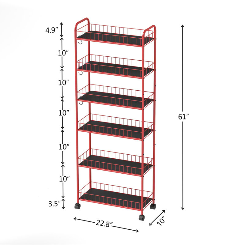 Red 6-Tier Rolling Cart Gap Kitchen Slim Slide Out Storage Tower Rack with Wheels, 61" x 22.8" x 10"