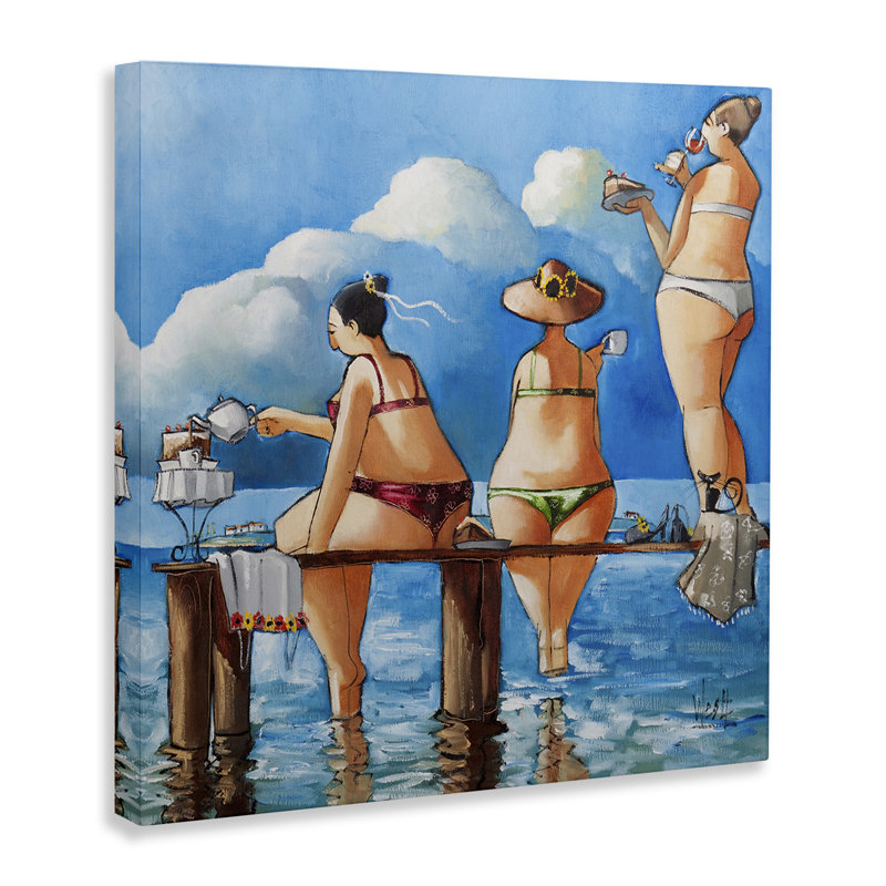 «Whimsical Summer Beach Lady» par Ronald West - peinture sur toile tendue, H 17 po x l 17 po x P 1,5 po