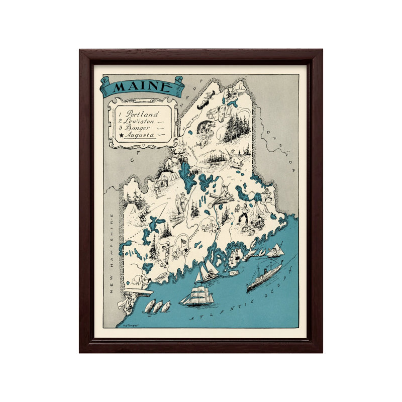 Carte illustrée du Maine, Canevas, H 08 po x l 10 po, Encadrement brun