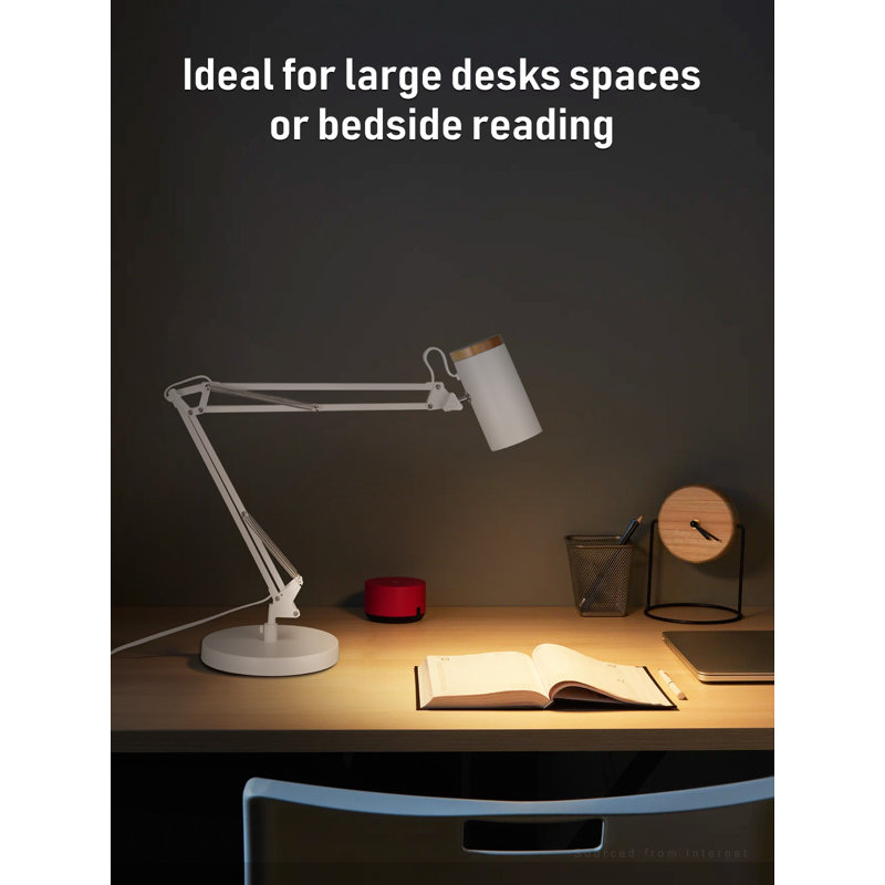 Swing Arm Table Lamp, Large Size Height 29.7", Adjustable Metal Desk Light With Wooden Accent, White